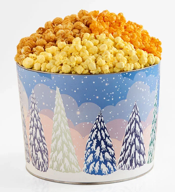 Snowy Merriment 3 1/2 Gallon 3 Flavor Popcorn Tin